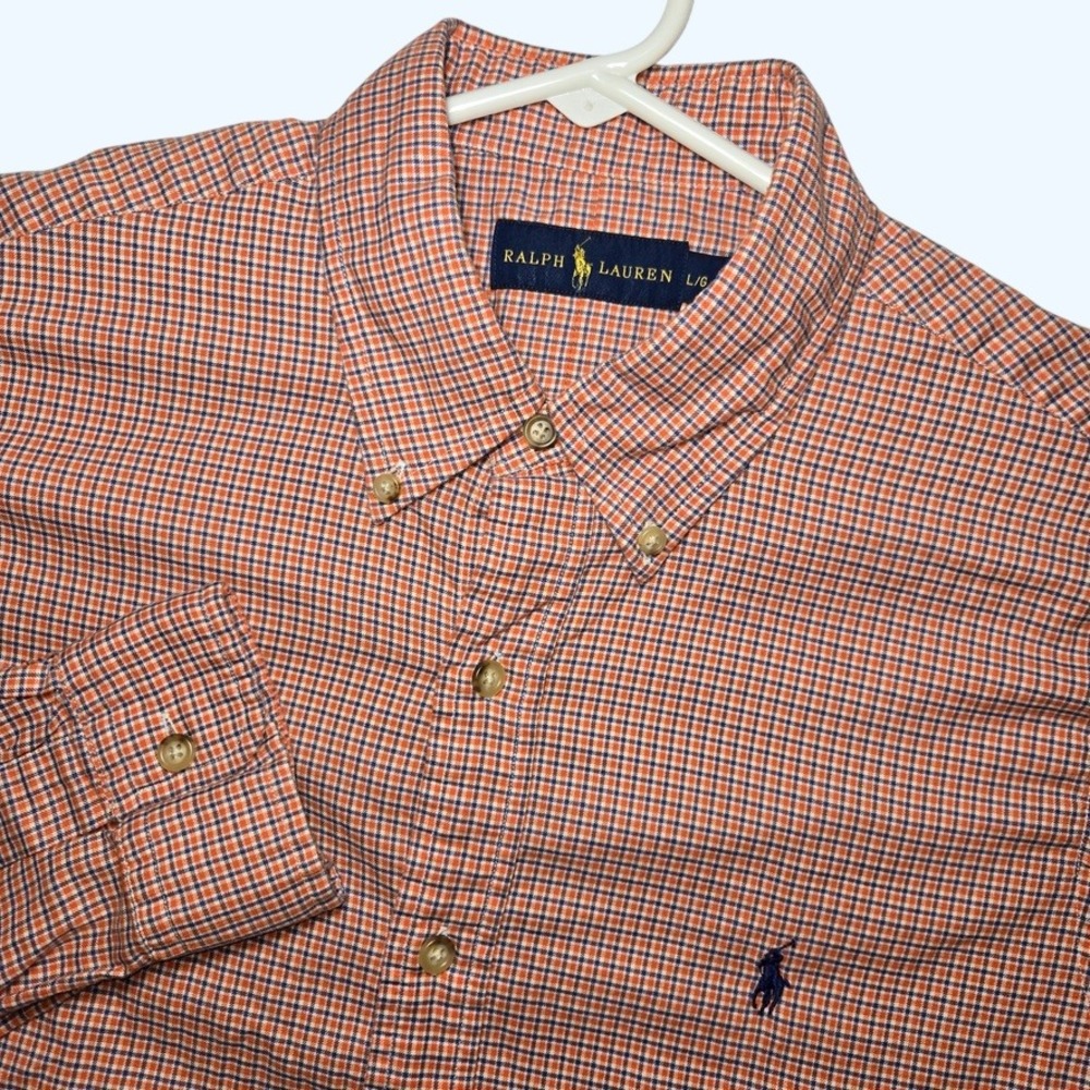 Ralph Lauren Mens Large Orange Blue Check Plaid Button Down Long Sleeve Shirt